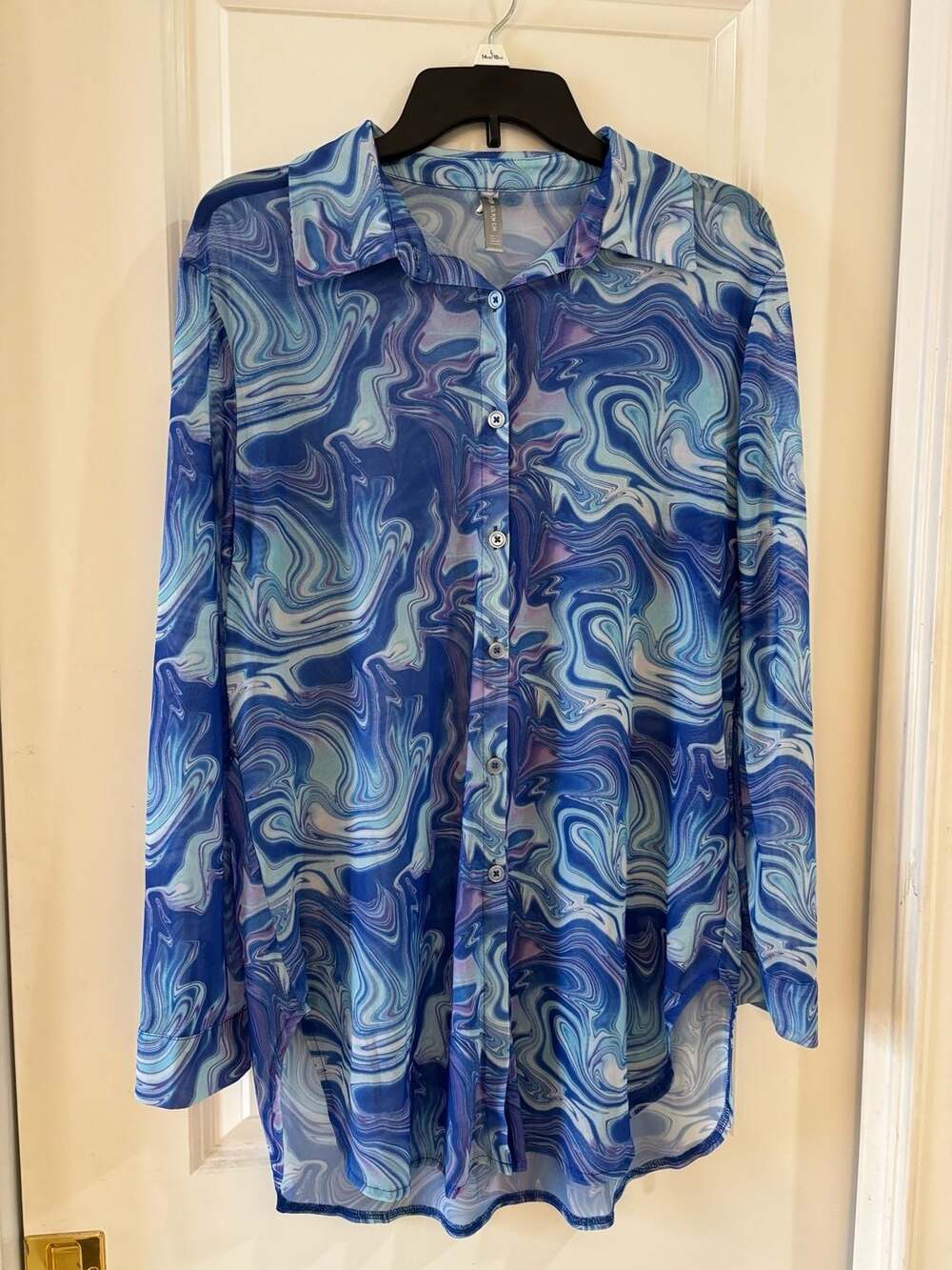 Refuge Blue Swirl Print Sheer Button Down Long Sleeve Shirt